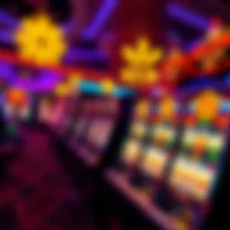A vibrant casino scene featuring a high-stakes slot machine with dazzling lights