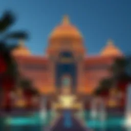 Stunning view of the Dubai Palace Casino's architecture at dusk