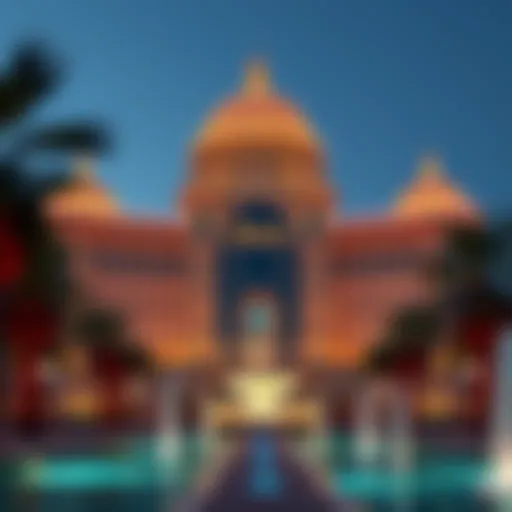 Stunning view of the Dubai Palace Casino's architecture at dusk