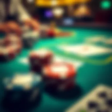 Close-up of poker chips and playing cards on a table