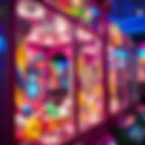 Close-up of a crane game machine showcasing colorful prizes