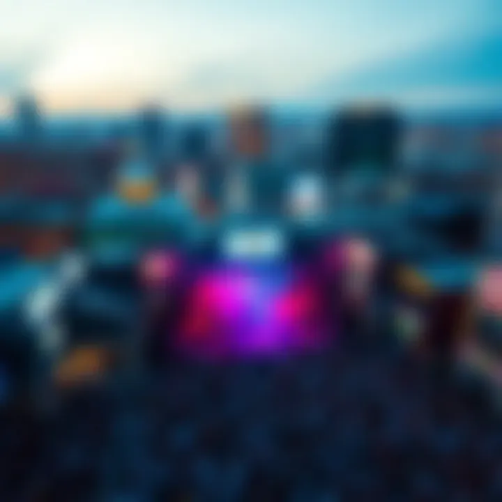 An aerial view of a packed downtown venue during a free concert, showcasing the atmosphere and urban landscape.