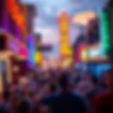 A vibrant street scene during a downtown Vegas concert with colorful lights and an enthusiastic crowd.
