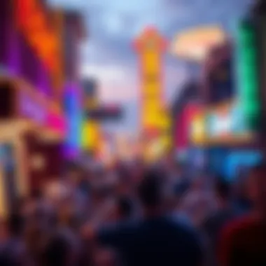 A vibrant street scene during a downtown Vegas concert with colorful lights and an enthusiastic crowd.