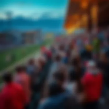 An aerial view of a bustling greyhound racing track filled with spectators