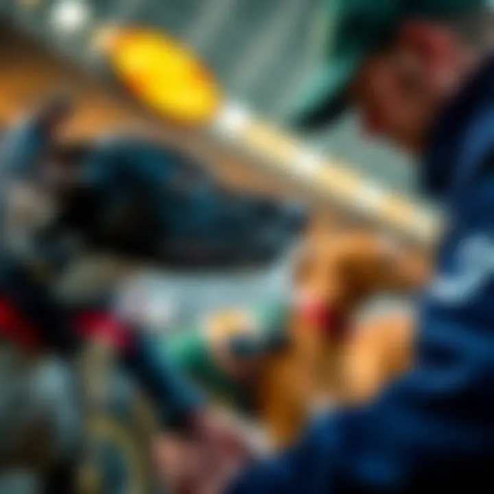 A close-up of a greyhound trainer preparing a dog for a race