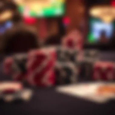Close-up of poker chips and cards on a table