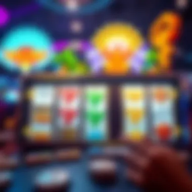 A vibrant online slot game interface featuring various symbols and reels in action.