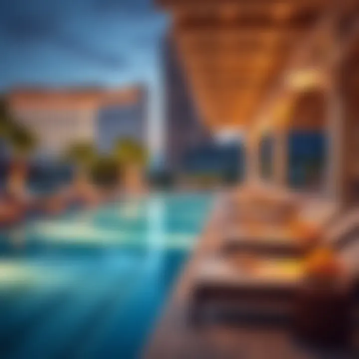 A luxurious poolside area with plush loungers and scenic surroundings