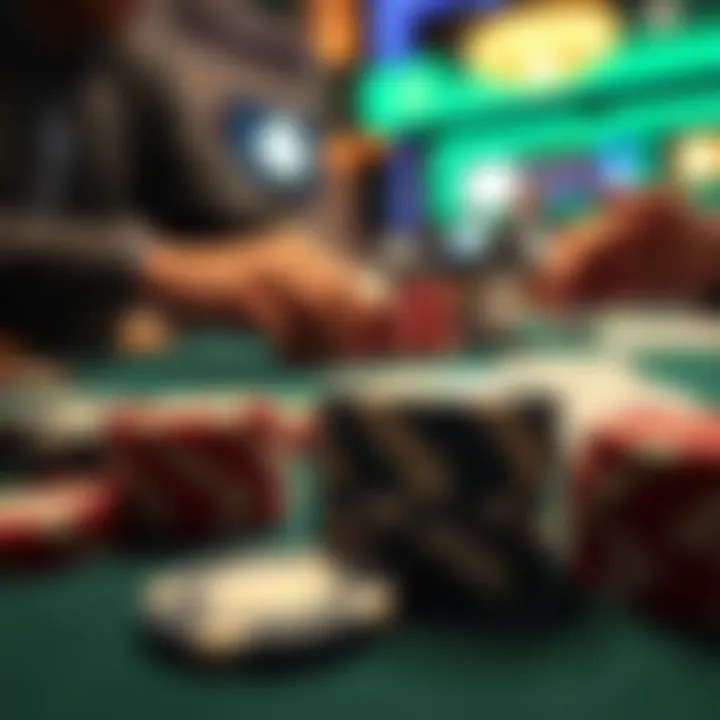 A close-up of poker chips and cards during an intense game