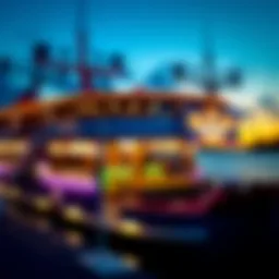 A serene view of the casino boat against a sunset backdrop