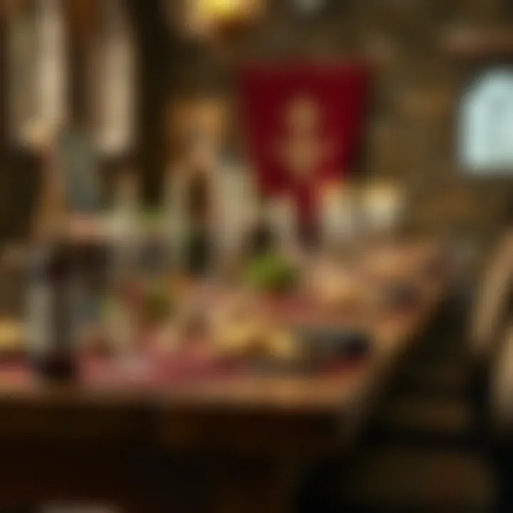 A rustic wooden table set for a medieval feast