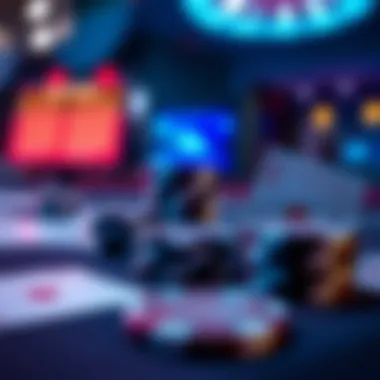 The Digital Elements of Online Poker A close-up view of digital poker chips and cards in an online setting