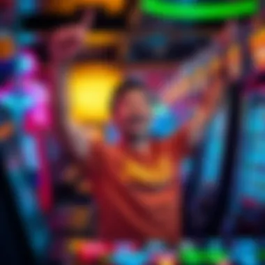 A cheerful gambler celebrating a win at a slot machine, surrounded by excitement