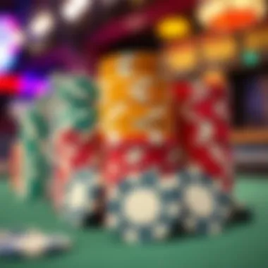 Colorful poker chips stacked in preparation for a game