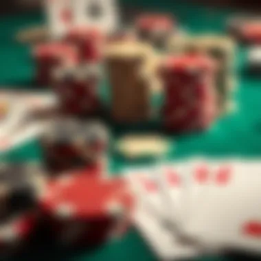 A close-up of poker chips and cards on a table