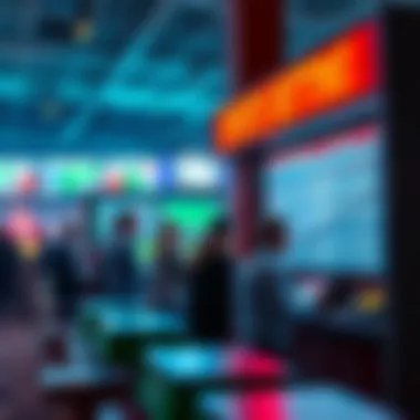 A sports betting kiosk with people placing bets