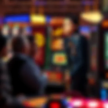 Collectors' Interest in the Michael Jackson Slot Machine Collectors admiring the Michael Jackson slot machine at a gaming convention.