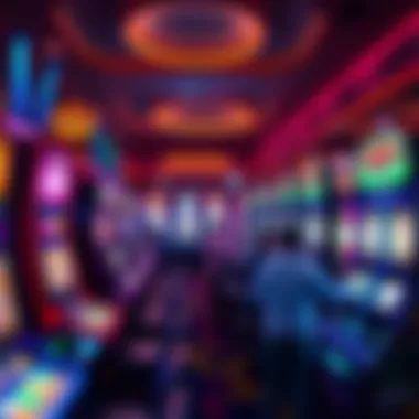 A vibrant slot machine game room filled with colorful machines and enthusiastic players