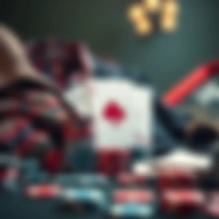 Group of poker accessories including chips and clothing in a stylish arrangement