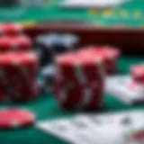 A close-up view of poker chips and cards on a green felt table