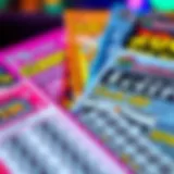 Close-up view of scratch-off lottery tickets showcasing vibrant designs