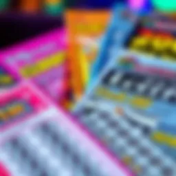 Close-up view of scratch-off lottery tickets showcasing vibrant designs