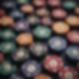 A colorful array of poker chips displaying various dollar amounts.