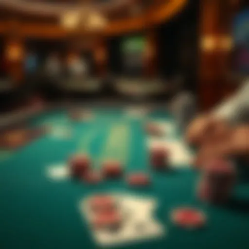 An iconic blackjack table setup featuring chips and cards